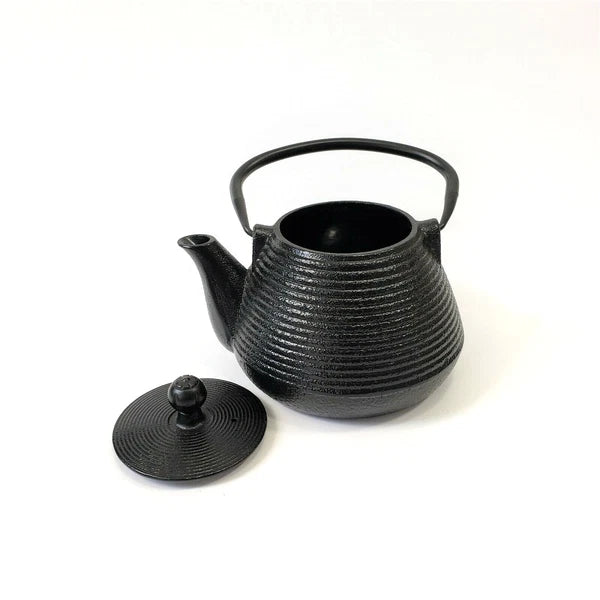 Cast Iron Black Ribbed Tea Pot Teapot Tea Kettle Enamel with Lid and Handle
