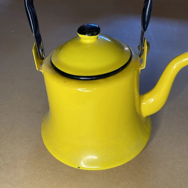 Vintage Yellow Enamelware Teapot Kettle Bamboo Wrapped Handle Japan MCM Retro