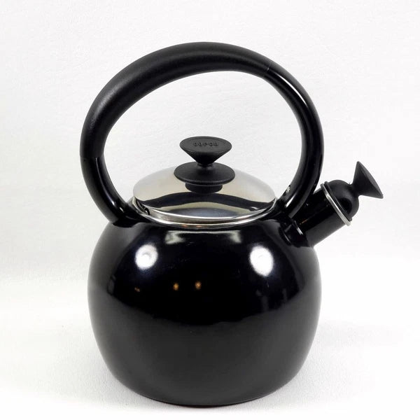 Copco Whistling Teapot Tea Kettle Pot Onyx Black Enamel With Handle and Lid EUC