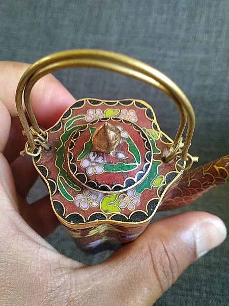 VTG CHINESE CLOISONNE BRASS AND ENAMEL BROWN  MINIATURE TEAPOT