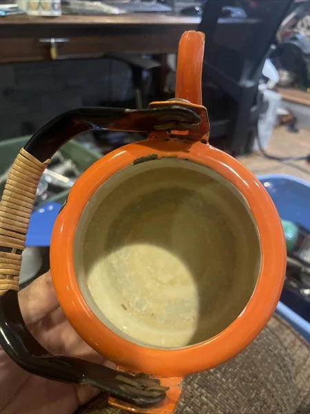 VTG Retro Asahi Japan Orange Enamelware Tea Pot Kettle Rattan Wrap Handle