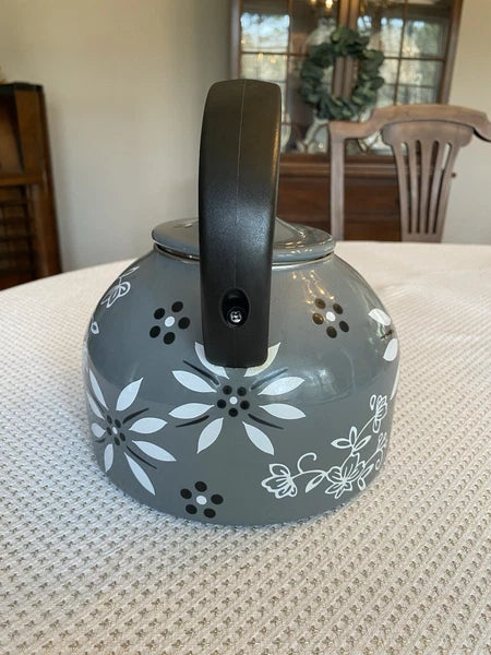 Temptations 2.3-qt Enamel on Steel Classic Tea Kettle Old World Grey Black White