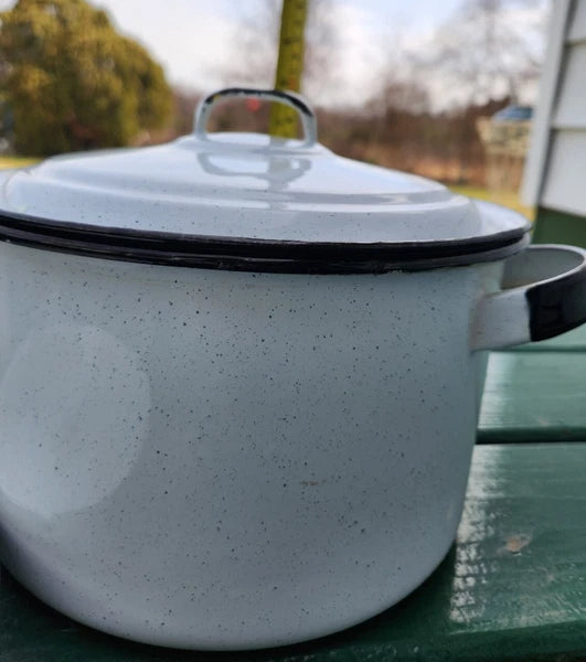 Vintage White Enamelware Kettle, Coffee Pot w/Glass Top w/lids & Flowery Bowl