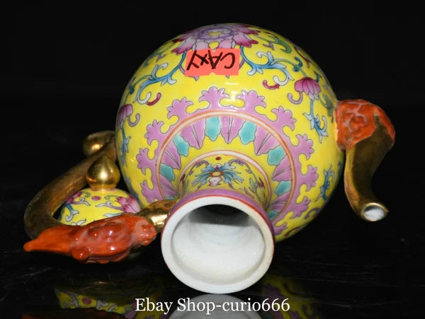 7'' Qianlong Colour Enamel Porcelain Gold Flower Dragon Loong Beast Kettle Pot