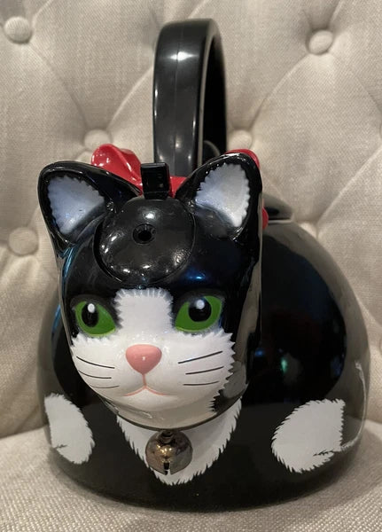Black Cat Teapot ~ Whistling Kitty Tea Kettle ~ Baked Enamel ~ Ancona ~ Vintage