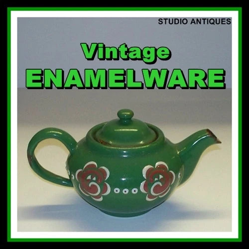 GREEN ENAMELWARE Vintage TEAPOT + LID Raised Decoration