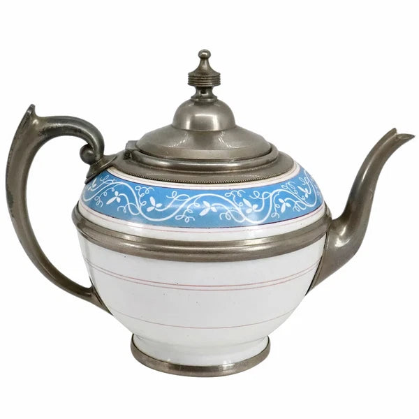 Antique American Manning, Bowman & Co. Pewter & Enamel Teapot c. 1880
