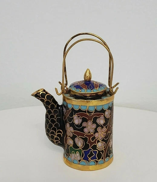 VTG CHINESE CLOISONNE BRASS AND ENAMEL BLACK MINIATURE TEAPOT