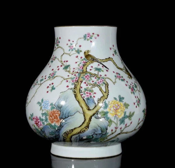 24CM Qianlong Signed Old Chinese Colour Enamel Vase W/bird N3729