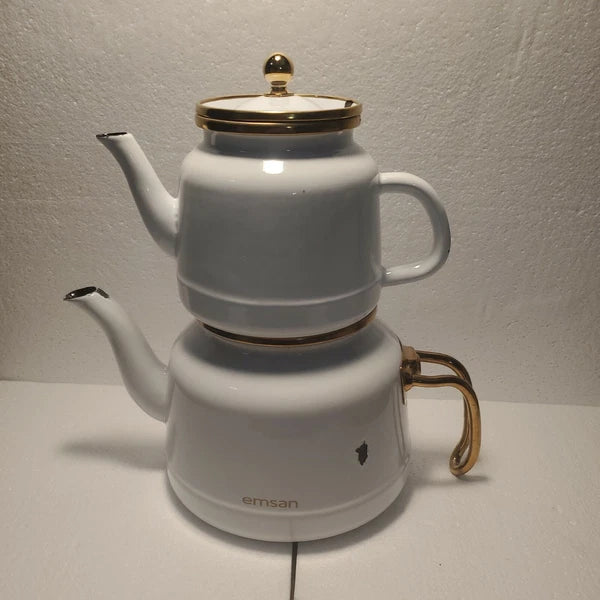 Emsan Troy Kettle White Nostalgia Enamel Vintage TeapotsTitanium Coated  c6