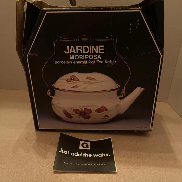 NIB Vntg  Gailstyn-Sutton Jardine Moriposa Iris Porcelain Enamel Tea Kettle 2qt