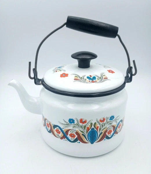 Vintage Berggren Swedish Folk Art  Enamelware Floral Handled Tea Pot Tea Kettle