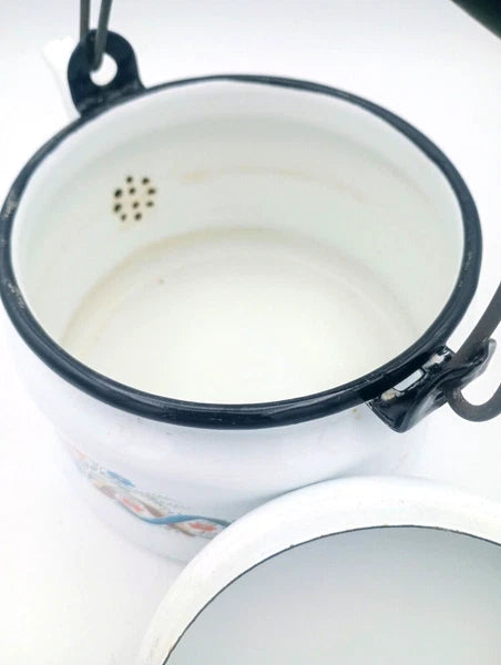 Vintage Berggren Swedish Folk Art  Enamelware Floral Handled Tea Pot Tea Kettle