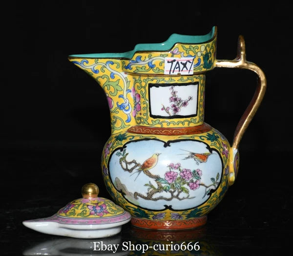 Qianlong Colour Enamel Porcelain Gold Plum Flower Bird Words Pattern Kettle Pot