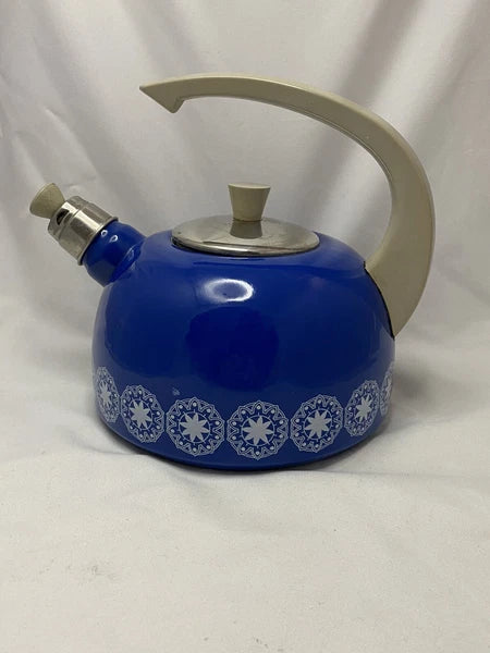 Retro 60s / 70s Blue Enamel Circle Star pattern tea kettle Stains Inside