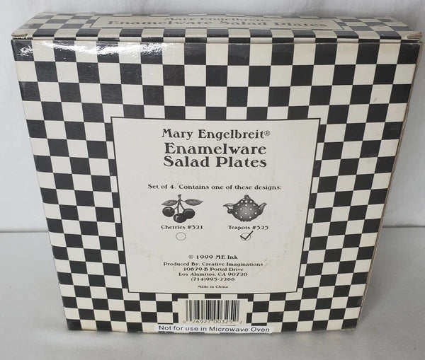 Vtg Mary Engelbreit Enamel Teapot Plate Set 4 Salad Dessert Plates Box New
