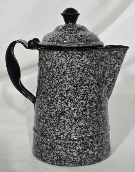 Enameled Ware Gray Brown Relish Pattern Coffee Pot 6" x 4" x 7"