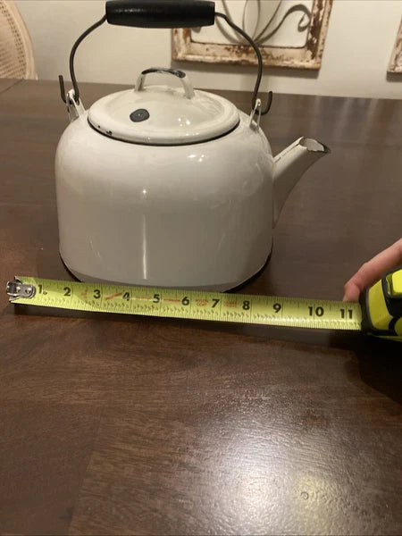 Vintage Enamelware White Tea Pot Kettle/Planter With Wood Handle
