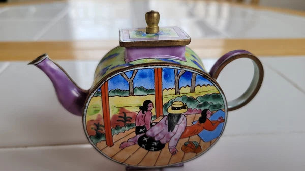 Miniature Brass & Enamel Decorative Tea Pot/Kettle, Women Relaxing Woman