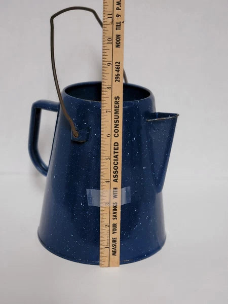 Vintage Blue Speckled Enamel Graniteware Cowboy Campfire Tea Pot with Spout Used
