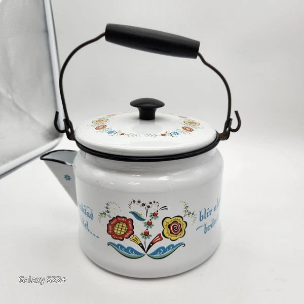 Swedish Scandinavian Tea pot Berggren Enamelware Rosemaling Folk Art Vintage
